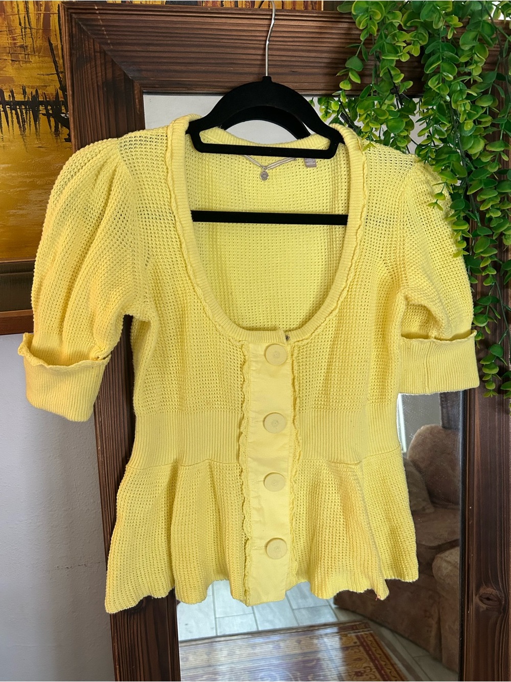 Cottage core Yellow and Knit Button-Front Peplum Top cotton